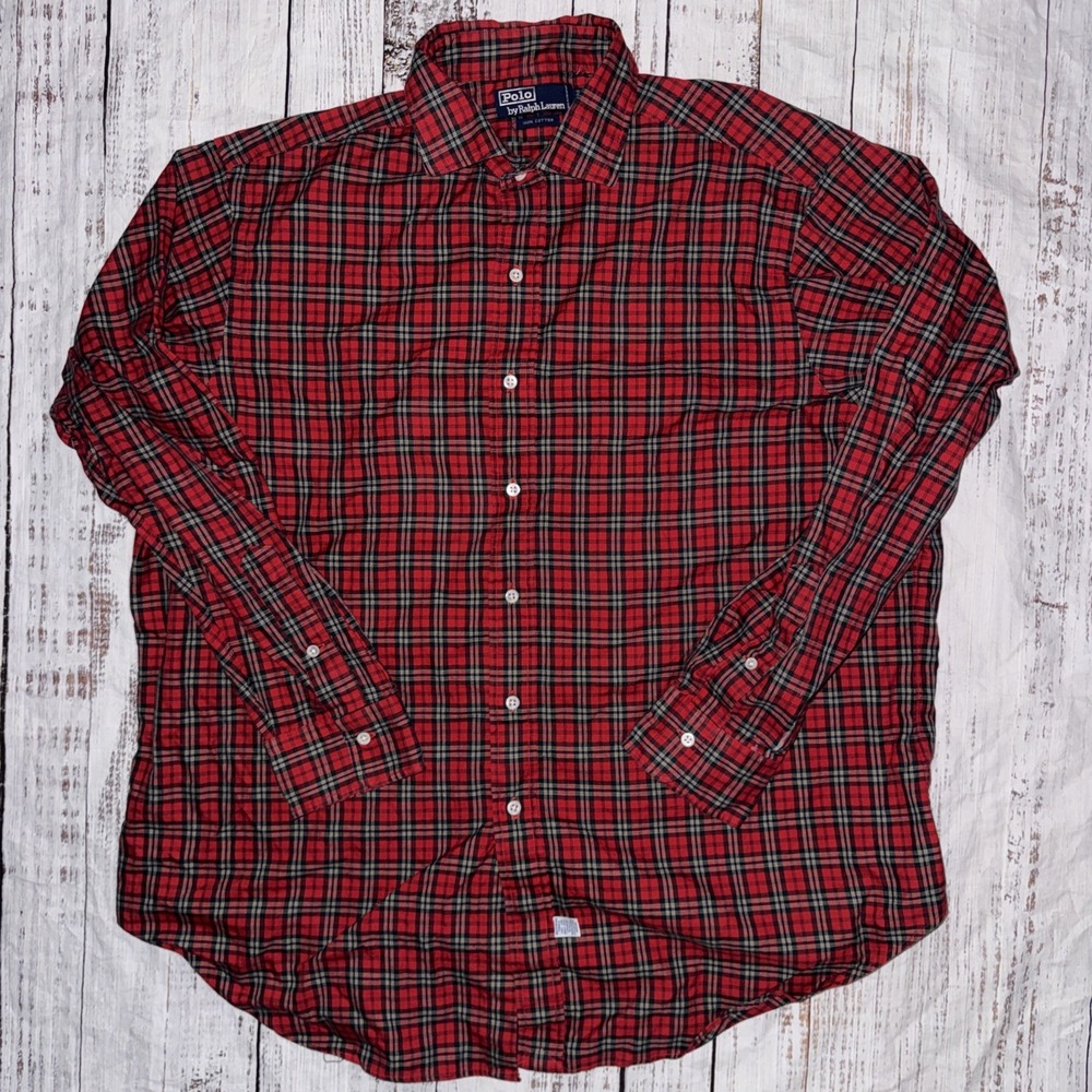 VTG Polo Ralph Lauren Button Down Plaid Red Shirt Sz 17-34 100 % Cotton